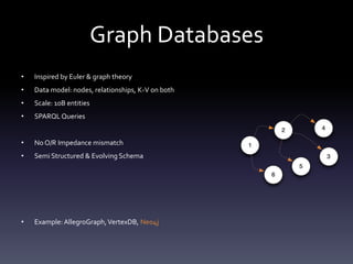 Graph Databases
•   Inspired by Euler & graph theory
•   Data model: nodes, relationships, K-V on both
•   Scale: 10B entities
•   SPARQL Queries


•   No O/R Impedance mismatch
•   Semi Structured & Evolving Schema




•   Example: AllegroGraph, VertexDB, Neo4j
 