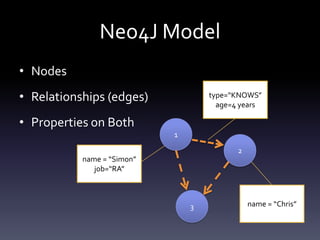 Neo4J Model
• Nodes
• Relationships (edges)             type=“KNOWS”
                                      age=4 years

• Properties on Both
                            1

                                           2
           name = “Simon”
              job=“RA”



                                3              name = “Chris”
 