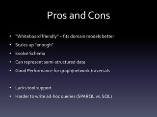 Pros and Cons
• “Whiteboard friendly” – fits domain models better
• Scales up “enough”
• Evolve Schema
• Can represent semi-structured data
• Good Performance for graph/network traversals


• Lacks tool support
• Harder to write ad-hoc queries (SPARQL vs. SQL)
 