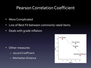 Pearson Correlation Coefficient

• More Complicated
• Line of Best Fit between commonly rated items
• Deals with grade inflation




• Other measures
   – Jaccard Coefficient
   – Manhattan Distance
 