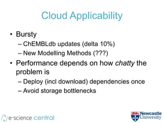Cloud Applicability
• Bursty
  – ChEMBLdb updates (delta 10%)
  – New Modelling Methods (???)
• Performance depends on how chatty the
  problem is
  – Deploy (incl download) dependencies once
  – Avoid storage bottlenecks
 