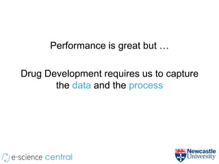 Performance is great but …

Drug Development requires us to capture
       the data and the process
 