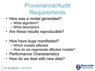 Provenance/Audit
            Requirements
• How was a model generated?
  – What algorithm?
  – What descriptors
• Are these results reproducible?

• How have bugs manifested?
  – Which models affected
  – How do we regenerate affected models?
• Performance Characteristics
• How do we deal with new data?
 