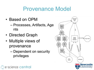 Provenance Model
• Based on OPM
  – Processes, Artifacts, Age
    nts
• Directed Graph
• Multiple views of
  provenance
  – Dependent on security
    privileges
 