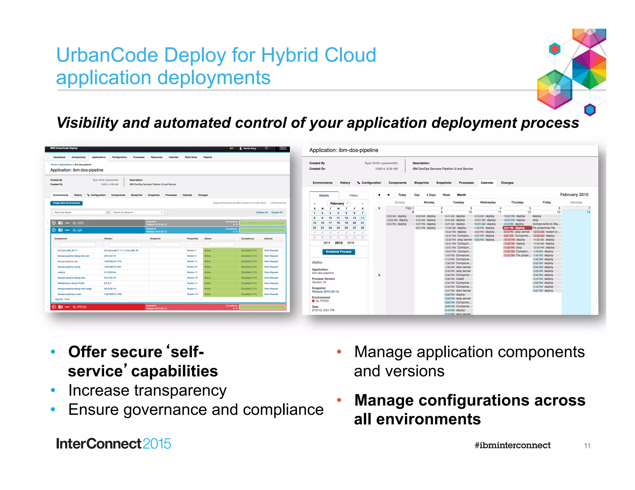UrbanCode Deploy for Hybrid Cloud
application deployments
11
•  Manage application components
and versions
•  Manage configurations across
all environments
•  Offer secure‘self-
service’capabilities
•  Increase transparency
•  Ensure governance and compliance
Visibility and automated control of your application deployment process
 