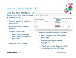 New in UrbanCode 6.1.1.4
More data flows into Release via
plug-ins and new views provide
actionable insights.
•  Release readiness and risk
assessment
•  Enterprise roll-up release
reporting
•  Greater extensibility
•  new plugin framework,
•  documented REST APIs
•  java client.
•  Enhanced RTC plug-in
and many other enhancements including:
•  Live updates on the deployment
plan page
•  Performance improvements
through-out
•  Pipeline view now displays content
for applications not in Deploy.
26
 