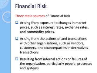 Three main sources of Financial Risk
 Arising from exposure to changes in market
prices, such as interest rates, exchange...