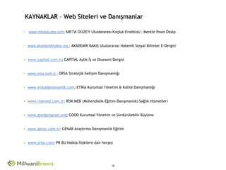 KAYNAKLAR – Web Siteleri ve Danışmanlar

•    www.metaduzey.com; META DÜZEY Uluslararası Koçluk Enstitüsü ; Mentör İhsan Özalp


• www.akademikbakis.org ; AKADEMİK BAKIŞ Uluslararası Hakemli Sosyal Bilimler E-Dergisi


• www.capital.com.tr; CAPİTAL Aylık İş ve Ekonomi Dergisi


• www.orsa.com.tr ; ORSA Stratejik İletişim Danışmanlığı


• www.etikadanismanlik.com; ETİKA Kurumsal Yönetim & Kalite Danışmanlığı


• www.riskmed.com.tr; RİSK MED (Mühendislik-Eğitim-Danışmanlık) Sağlık Hizmetleri


• www.goodprogram.org; GOOD Kurumsal Yönetim ve Sürdürülebilir Büyüme


• www.genar.com.tr; GENAR Araştırma Danışmanlık Eğitim


• www.prbu.com; PR BU Halkla İlişkilere dair herşey




                                                   18
 