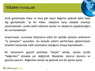 İTİBARIN FAYDALARI


Artık günümüzde itibar ve imaj gibi soyut değerler giderek daha fazla
ilgi görmektedir. İyi bir itibar, rakiplere karşı rekabet avantajı
yaratmaktadır; çünkü taklit edilmesi zordur ve rakiplerin yapabileceğini
de sınırlamaktadır.

Araştırmalar, kurumsal itibarlarını etkin bir şekilde yöneten şirketlerin
“iş sonuçları” açısından, bu konuda yeterli performans göstermeyen
şirketler karşısında ciddi avantajları olduğunu ortaya koymaktadır.

Bir zamanların geçerli politikası “büyük” olmak, zaman içinde
“beğenilen” olmakla yer değiştirdi. Büyüklük, mevcut durumu ve
geçmişi yansıtır. Beğenilen olmak ise gelecek için bir güven aşılar.


                                    4
 