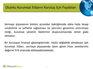 Olumlu Kurumsal İtibarın Kuruluş İçin Faydaları



Sermaye piyasasının bütünü açısından baktığımızda daha fazla hesap
verebilirlik ve şeffaflık sağlanması ile yatırımcı güveninin arttırılması
isteği, kurumsal yönetim ilkelerinin oluşturulmasında temel güdü
olmuştur.

Bir kuruluşun finansal göstergelerinde hiçbir değişiklik olmaksızın salt
kurumsal itibarı, sermaye piyasasında işlem gören hisse senetlerinin
değerini %15 oranında etkileyebilmektedir.




                                    7
 