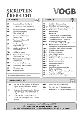 SKRIPTEN
ÜBERSICHT
AR-1 Kollektive Rechtsgestaltung
AR-2A Betriebliche Interessenvertretung
AR-2B Mitbestimmungsrechte des Betriebsrates
AR-2C Rechtstellung des Betriebsrates
AR-3 Arbeitsvertrag
AR-4 Arbeitszeit
AR-5	 Urlaubsrecht	und	Pflegefreistellung
AR-6	 Entgeltfortzahlung	im	Krankheitsfall
AR-7 Gleichbehandlung im Arbeitsrecht
AR-8A ArbeitnehmerInnenschutz I:
Überbetrieblicher ArbeitnehmerInnenschutz
AR-8B ArbeitnehmerInnenschutz II:
Innerbetrieblicher ArbeitnehmerInnenschutz
AR-9 Beendigung des Arbeitsverhältnisses
AR-10	 Arbeitskräfteüberlassung
AR-11 Betriebsvereinbarung
AR-12 Lohn(Gehalts)exekution
AR-13	 Berufsausbildung
AR-14 Wichtiges aus dem Angestelltenrecht
AR-15 Betriebspensionsrecht I
AR-16 Betriebspensionsrecht II
AR-17 Betriebspensionsrecht III
AR-18	 Abfertigung	neu
AR-19 Betriebsrat – Personalvertretung
Rechte	und	Pflichten
AR-20 Arbeitsrecht in den Erweiterungsländern
AR-21	 Atypische	Beschäftigung
AR-22 Die Behindertenvertrauenspersonen
ARBEITSRECHT
SR-1	 Grundbegriffe	des	Sozialrechts
SR-2	 Geschichte	der	sozialen	Sicherung
SR-3	 Sozialversicherung	–	Beitragsrecht
SR-4 Pensionsversicherung I:
Allgemeiner Teil
SR-5 Pensionsversicherung II:
Leistungsrecht
SR-6 Pensionsversicherung III:
Pensionshöhe
SR-7 Krankenversicherung I:
Allgemeiner Teil
SR-8 Krankenversicherung II:
Leistungsrecht
SR-9	 Unfallversicherung
SR-10 Arbeitslosenversicherung I:
Allgemeiner Teil
SR-11 Arbeitslosenversicherung II:
Leistungsrecht
SR-12 Insolvenz-Entgeltsicherung
SR-13	 Finanzierung	des	Sozialstaates
SR-14	 Pflegesicherung
SR-15 Mindestsicherung
SozIAlRECHT
GEwERKSCHAfTSKuNdE
GK-1	 Was	sind	Gewerkschaften?	Struktur	und	
Aufbau	der	österreichischen	Gewerk-
schaftsbewegung
GK-2 Geschichte der österreichischen Gewerk-
schaftsbewegung	von	den	Anfängen	bis	
1945
GK-3 Die Geschichte der österreichischen
Gewerkschaftsbewegung	in	der	Zweiten	
Republik
GK-4	 Statuten	und	Geschäftsordnung
GK-5 Vom 1. bis zum 17. Bundeskongress
GK-7	 Die	Kammern	für	Arbeiter	und	Ange	stellte
Anmeldungen zum Fernlehrgang des ÖGB:
ÖGB-Referat für Bildung, freizeit, Kultur
1020 Wien, Johann-Böhm-Platz 1 • Telefonische Auskunft 01 / 534 44 / 39255 Dw.
Die	einzelnen	Skripten	werden	laufend	aktualisiert.
 