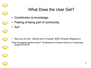 What Does the User Get? Contribution to knowledge Feeling of being part of community fun! See Luis von Ahn, “Games with a Purpose”  IEEE Computer Magazine  or “ Why do tagging systems work?”  Conference on Human Factors in Computing Systems  CHI 06  