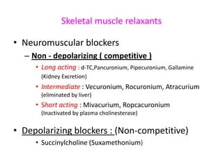 Skeletal muscle relaxants
• Neuromuscular blockers
– Non - depolarizing ( competitive )
• Long acting : d-TC,Pancuronium, Pipecuronium, Gallamine
(Kidney Excretion)

• Intermediate : Vecuronium, Rocuronium, Atracurium
(eliminated by liver)

• Short acting : Mivacurium, Ropcacuronium
(Inactivated by plasma cholinesterase)

• Depolarizing blockers : (Non-competitive)
• Succinylcholine (Suxamethonium)

 