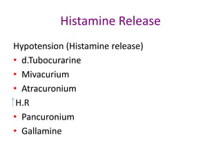 Histamine Release
Hypotension (Histamine release)
• d.Tubocurarine
• Mivacurium
• Atracuronium
H.R
• Pancuronium
• Gallamine

 