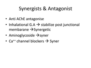 Synergists & Antagonist
• Anti AChE antagonise
• Inhalational G.A  stabilize post junctional
membarane Synergetic
• Aminoglycoside syner
• Ca++ channel blockers  Syner

 