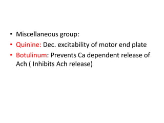 • Miscellaneous group:
• Quinine: Dec. excitability of motor end plate
• Botulinum: Prevents Ca dependent release of
Ach ( Inhibits Ach release)

 
