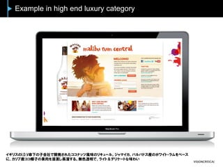 Example in high end luxury category
イギリスのI.D.V傘下の子会社で開発されたココナッツ風味のリキュール。ジャマイカ、バルバドス産のホワイト・ラムをベース
に、カリブ産ココ椰子の果肉を浸漬し蒸溜する。無色透明で、ライト＆デリケートな味わい
 