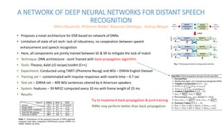 A NETWORK OF DEEP NEURAL NETWORKS FOR DISTANT SPEECH
RECOGNITION
Mirco Ravanelli, Philemon Brakel, Maurizio Omologo , Yoshua Bengio
• Proposes a novel architecture for DSR based on network of DNNs
• Limitation of state of art tech- lack of robustness, no cooperation between speech
enhancement and speech recognition
• Here, all components are jointly trained between SE & SR to mitigate the lack of match
• Technique: DNN architecture - Joint Trained with back-propagation algorithm
• Tools: Theano, Kaldi (s5 recipe) toolkit (C++)
• Experiment: Conducted using TIMIT-(Phoneme Recog) and WSJ – DIRHA English Dataset
• Training set – contaminated with impulse responses with reverb time – 0.7 sec
• Test set – DIRHA set – 409 WSJ sentences uttered by 6 American speakers
• System: Features – 39 MFCC computed every 10 ms with frame length of 25 ms
• Results:
Try to implement back-propagation & joint training
RNNs may perform better than back-propagation
 
