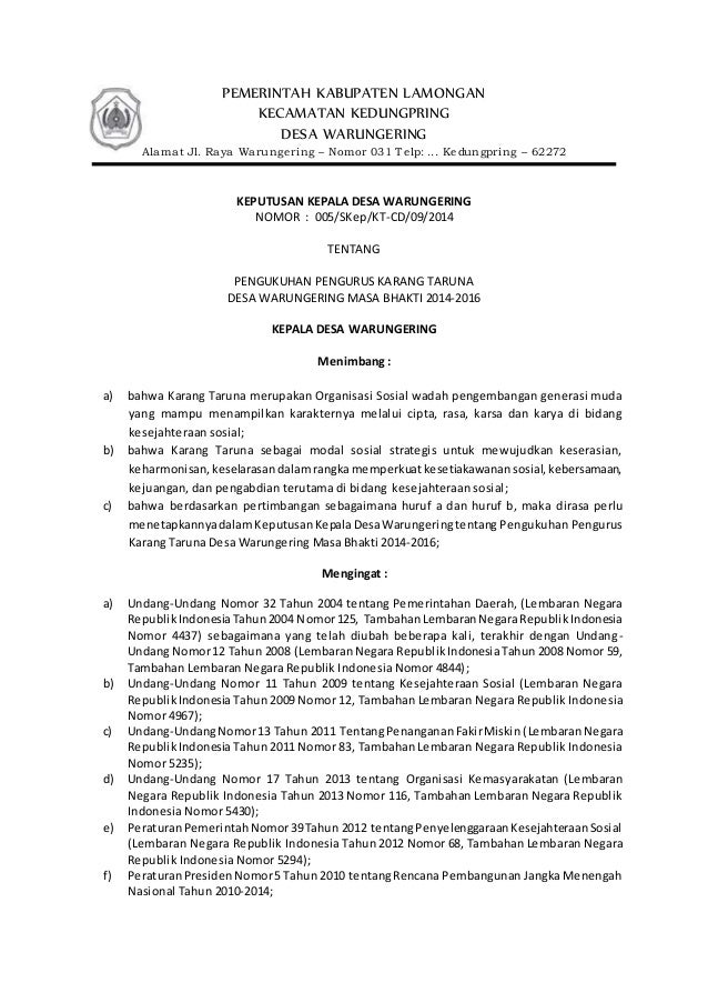 Contoh Surat Keputusan Kepala Desa Tentang Karang Taruna  Kumpulan