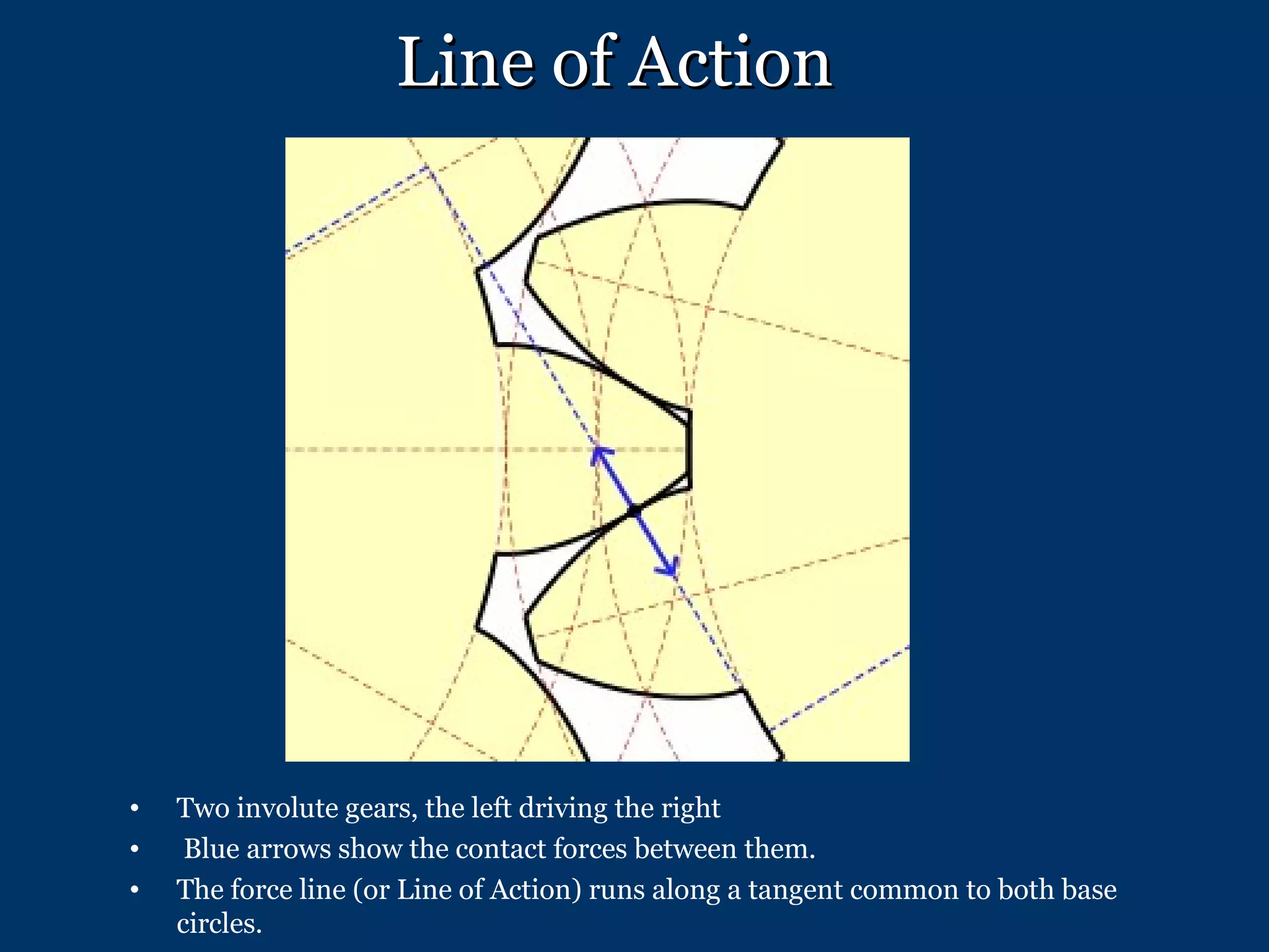 Line of Action Two involute gears, the left driving the right Blue arrows show the contact forces between them.  The force line (or Line of Action) runs along a tangent common to both base circles.  