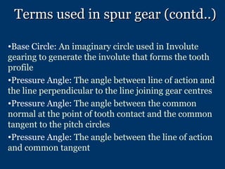 Terms used in spur gear (contd..) ,[object Object],[object Object],[object Object],[object Object]