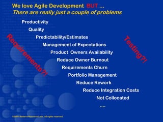 We love Agile Development BUT ...
There are really just a couple of problems
         Productivity
               Quality
                      Predictability/Estimates
                             Management of Expectations
                                    Product Owners Availability
                                          Reduce Owner Burnout
                                               Requirements Churn
                                                    Portfolio Management
                                                       Reduce Rework
                                                          Reduce Integration Costs
                                                               Not Collocated
                                                                 ....

©2009 Bedarra Research Labs. All rights reserved.
 