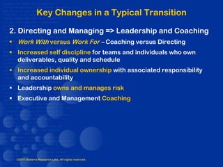 Key Changes in a Typical Transition

2. Directing and Managing => Leadership and Coaching
 Work With versus Work For – Coaching versus Directing
 Increased self discipline for teams and individuals who own
  deliverables, quality and schedule
 Increased individual ownership with associated responsibility
  and accountability
 Leadership owns and manages risk
 Executive and Management Coaching




  ©2011 Bedarra Research Labs. All rights reserved.
 
