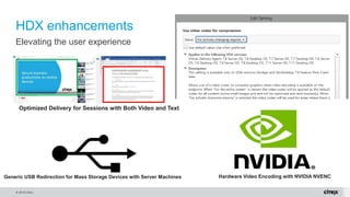 © 2016 Citrix.
HDX enhancements
Elevating the user experience
Generic USB Redirection for Mass Storage Devices with Server Machines
Optimized Delivery for Sessions with Both Video and Text
Hardware Video Encoding with NVIDIA NVENC
 