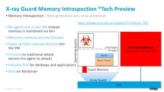 33 © 2016 Citrix | Confidential
X-ray Guard Memory Introspection *Tech Preview
• Memory Introspection - Next generation anti-virus protection
• No agent runs in the VM instead
memory is monitored via Xen
• Malicious memory activity blocked
• Clean up tools injected directly into
the VM
• Immune to traditional attack
vectors (no agent to attack)
• Industry-first for desktops and applications
• Only on XenServer
Xen
Privileged
Unprivileged
OperatingSystem
Device Drivers
Kernel
Security Appliance
(Using Xen’s X-ray Guard API)
Guest Memory
X-ray Guard
https://www.youtube.com/watch?v=C6Xievs_fGE
 