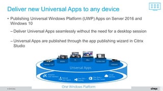 © 2016 Citrix.
– Deliver Universal Apps seamlessly without the need for a desktop session
– Universal Apps are published through the app publishing wizard in Citrix
Studio
Deliver new Universal Apps to any device
• Publishing Universal Windows Platform (UWP) Apps on Server 2016 and
Windows 10
 