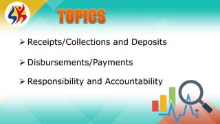  Receipts/Collections and Deposits
 Disbursements/Payments
 Responsibility and Accountability
 