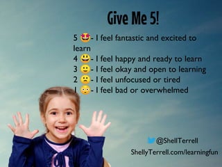 @ShellTerrell
Give Me 5!
5 🤩- I feel fantastic and excited to
learn
4 😃- I feel happy and ready to learn
3 🙂- I feel okay and open to learning
2 🙁- I feel unfocused or tired
1 😳- I feel bad or overwhelmed
ShellyTerrell.com/learningfun
 