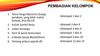 PEMBAGIAN KELOMPOK
1. Tema Harga Ekonomis (harga
pandemi, yang lebih mahal
banyak, bisa dicicil)
2. Kuliah Sambil Kerja
3. Lokasi Strategis
4. Karir di dunia komunkasi
5. 6 Media Sosial #KuliahDisini
6. Tentang widuri,sejarah dll
- Kelompok 1 dan 2
- Kelompk 3 dan 4
- Kelompok 5 dan 6
- Kelompok 7 dan 8
- Kelompok 9 dan 10
- Kelompok 11 dan 12
 