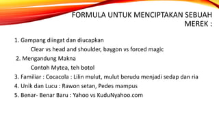 FORMULA UNTUK MENCIPTAKAN SEBUAH
MEREK :
1. Gampang diingat dan diucapkan
Clear vs head and shoulder, baygon vs forced magic
2. Mengandung Makna
Contoh Mytea, teh botol
3. Familiar : Cocacola : Lilin mulut, mulut berudu menjadi sedap dan ria
4. Unik dan Lucu : Rawon setan, Pedes mampus
5. Benar- Benar Baru : Yahoo vs KuduNyahoo.com
 