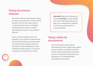11
Essa métrica aponta quanto tempo a equipe
de suporte levou para dar o primeiro retorno
ao cliente. Ficar de olho nesse número
é muito importante já que, na realidade
imediatista em que vivemos, ninguém
gosta de esperar para ter o seu problema
resolvido.
Este é um ponto bastante crítico a ser
analisado em seu relatório de atendimento,
pois ele sozinho pode ser o suficiente para
você perder clientes. Alguém que busca
por suporte e acaba desistindo por conta
do tempo de espera pode ser um possível
candidato ao cancelamento do serviço.
De uma forma geral, essa métrica é
responsável por medir o tempo que o agente
leva para resolver o problema do cliente.
Prestar atenção nesses dados é essencial
para que você garanta a qualidade do seu
atendimento e, consequentemente,
a satisfação do consumidor.
Você sabia? Segundo o Ministério da
Justiça, um minuto é o prazo máximo
que o consumidor pode esperar para
falar com um atendente por telefone,
nos Serviços de Atendimento ao
Consumidor (SAC).
Tempo de primeira
resposta
Tempo médio de
atendimento
11
 
