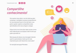 32
Compartilhe
conhecimento!
Ufa, quanta coisa sobre o uso de métricas para
conquistar o verdadeiro sucesso do atendimento
em sua empresa! Essa é a hora de fazer a sua
parte e ajudar a gente a compartilhar estes
aprendizados entre seus amigos e colegas.
Clique acima nos ícones das redes sociais e envie
esse material para sua equipe e todo mundo que
puder aproveitá-lo!
Não esqueça de deixar uma mensagem dizendo
qual foi a parte deste e-book que foi mais
importante para você. Queremos muito saber!
Um abração da equipe Movidesk. ❤
Compartilhe esse e-book:
 