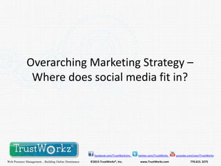 Overarching Marketing Strategy –
Where does social media fit in?

facebook.com/TrustWorkzInc

Web Presence Management…Building Online Dominance

©2013 TrustWorkz®, Inc.

twitter.com/TrustWorkz

www.TrustWorkz.com

youtube.com/user/TrustWorkz

770.615. 3275

 