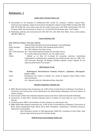 Annexure: 1

                                        Jindal India Thermal Power Ltd.


 Accountable for the drawings of underground RCC tunnels for conveyors, clarifiers, gravity filters,
   chemical house buildings, project & construction management, balance of plant (BOP) including CHP, AHP,
   WTP, PTP & DM, CW, cross country pipe and river water pump house, CW, FOHS, cooling tower, ETP, STP,
   LP Piping, HVAC and compressed air system, etc. of coal fired thermal power plant, Track hopper,
 Developing, planning and constructing the CHP, AHP, STG, CW. ACW, River Water, Cross country piping,
   FWH,WTP, DMW, etc.


                                                    Lanco Infratech Ltd.

IOCL Refinery Project, Para dip, Odisha
Role:                    Head of Project/Resident Construction Manager /General Manager
Project Package:         Delayed Coker Unit [030], Coke Handling System [0245]
Client:                  M/s. IOCL-Refinery, Para deep, Orissa
CPC /LSTK Contractor: M/s. Toyo Global Engineering India Ltd. Para deep, Orissa,
PMC:                     M/s. Jacobs Engineering India Pvt. Ltd., Para deep, Orissa
Profile:                    Worked     as      an    Over   All   In-charge   for   executing,   planning,   coordinating
                         Independently, troubleshooting, supporting and interfacing with client viz., PMC, CPC/
                         LSTK Contractor Manager, Dy Manager Resident Engineer, Project Engineer for the
                         optimum performance of the project.


                                                    RVR Projects P Ltd.

Title:                      Brahmaputra Petrochemical Complex Projects, Lapetkata, Dibrugarah,
                         Assam, India
Client:                  Brahmaputra Gas Cracker & Polymer Ltd., Assam & Captative Power Project (Heavy
                         Industrial Project)
PMC:                     M/s. Engineers India Ltd., Bhikajikama Place, New Delhi


                                       Dynamic Engineers Infratek Ltd.

 MRVC [Mumbai Railway Vikas Corporation Ltd. A PSU of Govt of India Ministry of Railways) Track Works in
   Connection with Construction of Emu Maintenance Car Shed between Nallasopara and Virar Stations of
   western railways.
 Constructions of New Fob in Mumbai Suburban Section Lower Parrel, Elphinston Road (N) of Mumbai.
 Construction of New FOB in Mumbai Suburban Section at Bandra (c) Vasai Road (n), Virar of Mumbai
   Division.
 Era Infrastructure, MRVC site Installation of track inspection car shed project Virar.
 DMRC (Delhi Metro Railway Corporation Ltd., A PSU of Govt of India Ministry of Railways], Construction of
   Metro Station Barakhamba Road, Mandi House Delhi Foundation, Underground, Tunnelling Structural,
   Fabrication, Finishing Work.
               o   Steel Fabrication Erection of FOB Approximate 50000 MT, Launching of Steel Girder, Steel
                   Column, Beam Steel Structure for Foot Over Bridge.


                                   DCM Shriram Consolidated (India) Ltd.
 