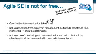 Agile SE is not for free…
• Coordination/communication takes time!

• Self-organisation frees time from management, but needs assistance from
monitoring → back to coordination!

• Automation of monitoring and communication can help… but still the
eﬀectiveness of the communication needs to be monitored.
Exploring the Universewith the worlds’ largest radio telescope
a lot of
But it makes it easier to
focus on the right things
 