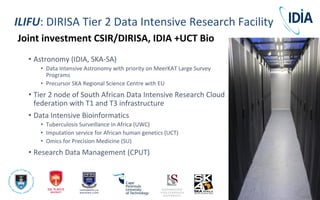 ILIFU: DIRISA Tier 2 Data Intensive Research Facility
• Astronomy (IDIA, SKA-SA)
• Data Intensive Astronomy with priority on MeerKAT Large Survey
Programs
• Precursor SKA Regional Science Centre with EU
• Tier 2 node of South African Data Intensive Research Cloud
federation with T1 and T3 infrastructure
• Data Intensive Bioinformatics
• Tuberculosis Surveillance in Africa (UWC)
• Imputation service for African human genetics (UCT)
• Omics for Precision Medicine (SU)
• Research Data Management (CPUT)
Joint investment CSIR/DIRISA, IDIA +UCT Bio
 