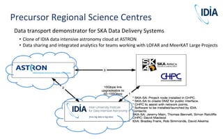 Precursor Regional Science Centres
Data transport demonstrator for SKA Data Delivery Systems
• Clone of IDIA data intensive astronomy cloud at ASTRON
• Data sharing and integrated analytics for teams working with LOFAR and MeerKAT Large Projects
 