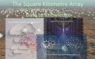 The Square Kilometre Array
Data to Knowledge
Cloud enabled Analytics and visualization
AI assisted data exploration and visualization
High Performance Computing
 