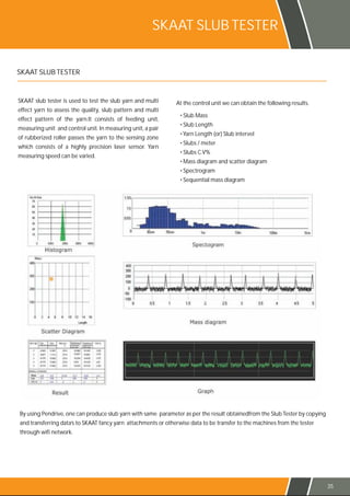 SKAAT SLUB TESTER
SKAAT slub tester is used to test the slub yarn and multi
effect yarn to assess the quality, slub pattern and multi
effect pattern of the yarn.It consists of feeding unit,
measuring unit and control unit. In measuring unit, a pair
of rubberized roller passes the yarn to the sensing zone
which consists of a highly precision laser sensor. Yarn
measuring speed can be varied.
At the control unit we can obtain the following results.
• Slub Mass
• Slub Length
• Yarn Length (or) Slub intervel
• Slubs / meter
• Slubs C.V%
• Mass diagram and scatter diagram
• Spectrogram
• Sequential mass diagram
By using Pendrive, one can produce slub yarn with same parameter as per the result obtainedfrom the Slub Tester by copying
and transferring data’s to SKAAT fancy yarn attachments or otherwise data to be transfer to the machines from the tester
through wifi network.
SKAAT SLUB TESTER
35
 