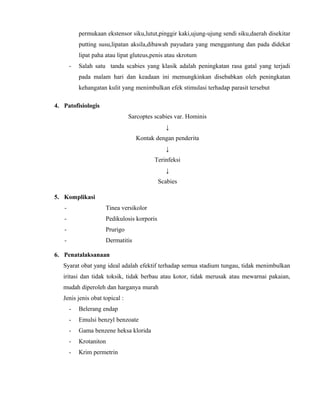 permukaan ekstensor siku,lutut,pinggir kaki,ujung-ujung sendi siku,daerah disekitar
putting susu,lipatan aksila,dibawah payudara yang menggantung dan pada didekat
lipat paha atau lipat gluteus,penis atau skrotum
-

Salah satu tanda scabies yang klasik adalah peningkatan rasa gatal yang terjadi
pada malam hari dan keadaan ini memungkinkan disebabkan oleh peningkatan
kehangatan kulit yang menimbulkan efek stimulasi terhadap parasit tersebut

4. Patofisiologis
Sarcoptes scabies var. Hominis
↓
Kontak dengan penderita
↓
Terinfeksi
↓
Scabies
5. Komplikasi
-

Tinea versikolor

-

Pedikulosis korporis

-

Prurigo

-

Dermatitis

6. Penatalaksanaan
Syarat obat yang ideal adalah efektif terhadap semua stadium tungau, tidak menimbulkan
iritasi dan tidak toksik, tidak berbau atau kotor, tidak merusak atau mewarnai pakaian,
mudah diperoleh dan harganya murah
Jenis jenis obat topical :
-

Belerang endap

-

Emulsi benzyl benzoate

-

Gama benzene heksa klorida

-

Krotaniton

-

Krim permetrin

 