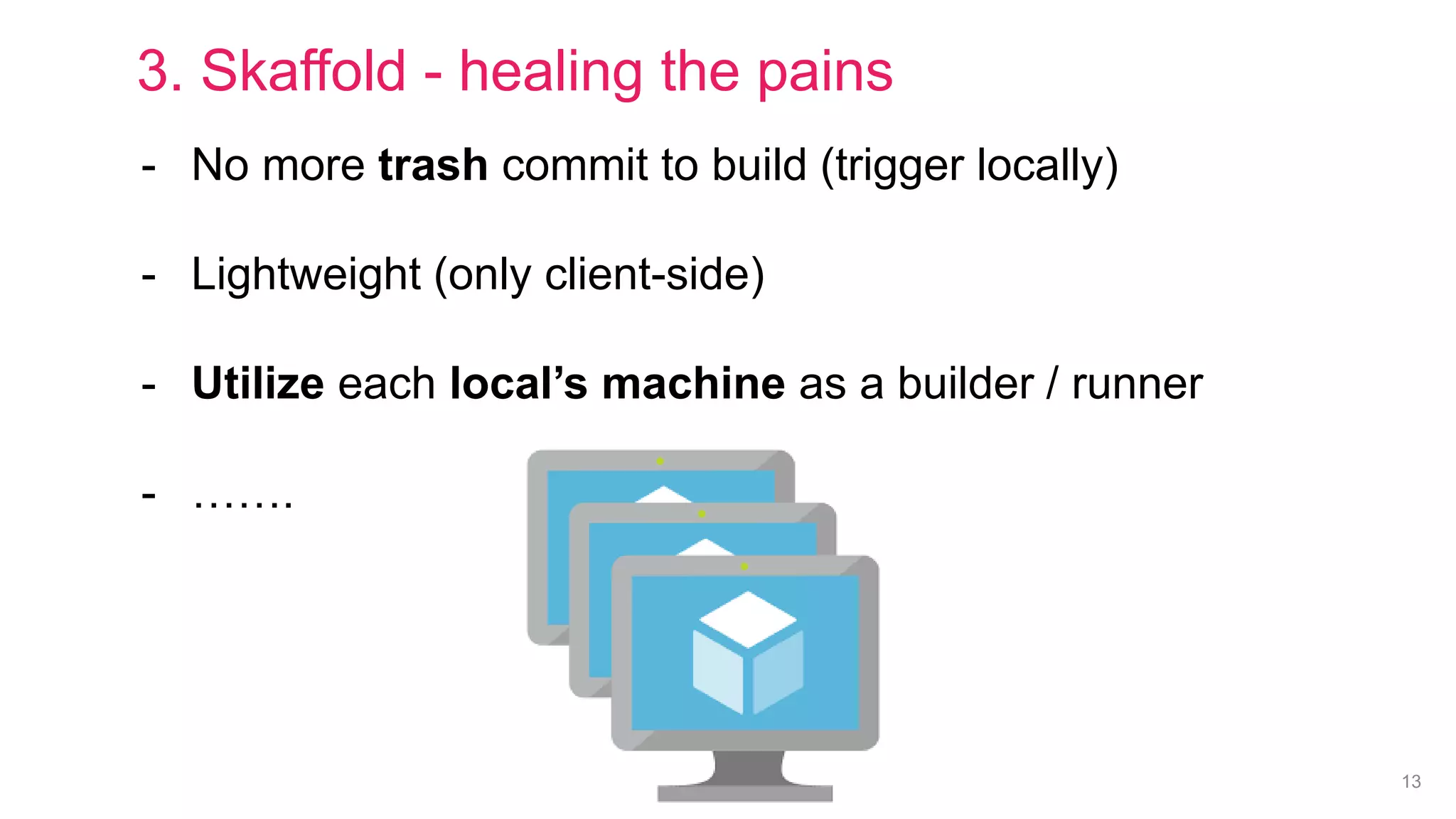 Private & Confidential 13
- No more trash commit to build (trigger locally)
- Lightweight (only client-side)
- Utilize each local’s machine as a builder / runner
- …….
3. Skaffold - healing the pains
 