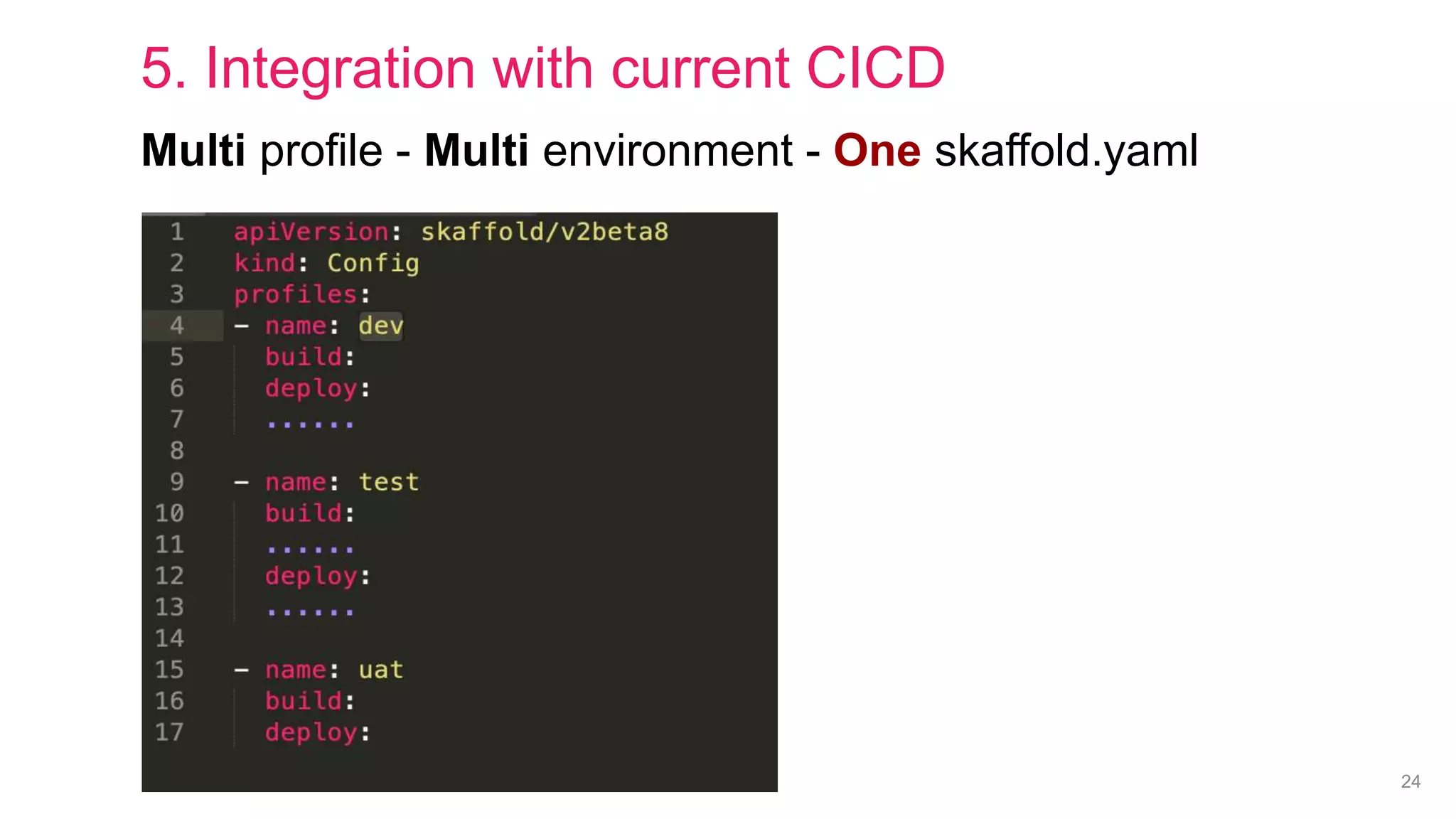 24
Multi profile - Multi environment - One skaffold.yaml
5. Integration with current CICD
 