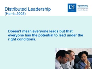 Distributed Leadership (Harris 2008) Doesn’t mean everyone leads but that everyone has the potential to lead under the right conditions. 