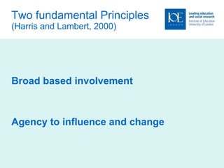 Two fundamental Principles (Harris and Lambert, 2000) Broad based involvement  Agency to influence and change  