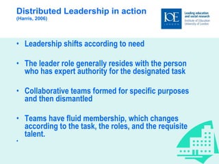 Distributed Leadership in action (Harris, 2006) Leadership shifts according to need The leader role generally resides with the person who has expert authority for the designated task Collaborative teams formed for specific purposes and then dismantled  Teams have fluid membership, which changes according to the task, the roles, and the requisite talent. 