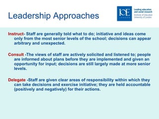 Leadership Approaches Instruct - Staff are generally told what to do; initiative and ideas come only from the most senior levels of the school; decisions can appear arbitrary and unexpected. Consult  -The views of staff are actively solicited and listened to; people are informed about plans before they are implemented and given an opportunity for input; decisions are still largely made at more senior levels. Delegate  -Staff are given clear areas of responsibility within which they can take decisions and exercise initiative; they are held accountable (positively and  negatively) for their actions. 